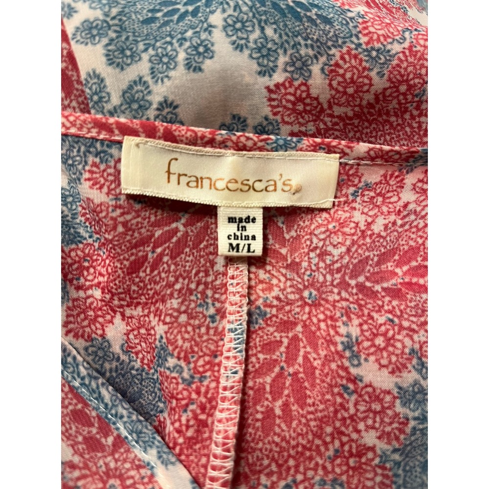 francesca's Women's Kimono M/L Sheer Tie at Waist Pink/Turquoise Short Sleeve - Picture 3 of 3